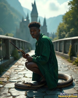 Man in a green robe crouching on a bridge by a snake