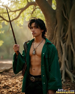 Wearing an open green gown, a bare-chested man holds a wand with a snake by large tree roots