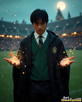 A young man cups sparks in his open hands beneath a pale moon