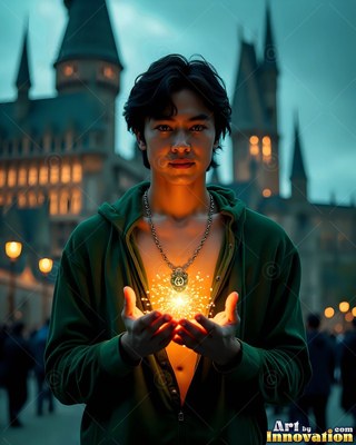 Facing forward outside a castle, a man cupping bright yellow light in his hands