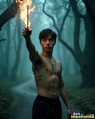 A shirtless young man grasps up a burning wand in a foggy blue forest