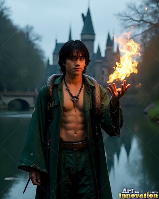 Before a castle, an open-shirted man in green holds fire by a dark river