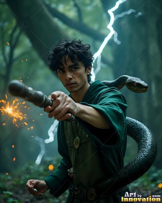 Aiming a spark-tipped wand, a young man wears a green gown with a coiled snake