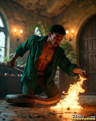 A man in a green shirt kneels by a snake and flames