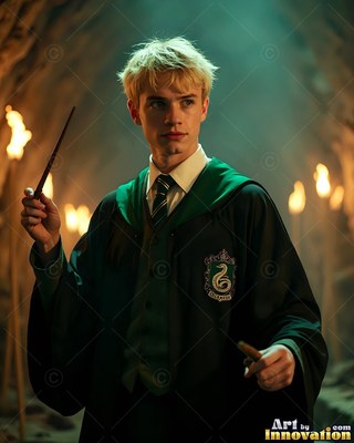 Wearing dark green school robes, a blond man holds a wand in a stone hall lit by torches