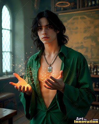 A young man grips bright yellow sparks between his hands in a green shirt
