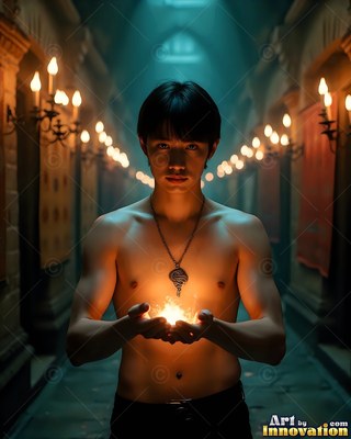 Facing forward in a dim castle hall, a bare-chested man cups fire in his hands