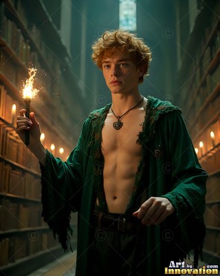 A bare-chested young man in a parted green robe holds a small torch in a library