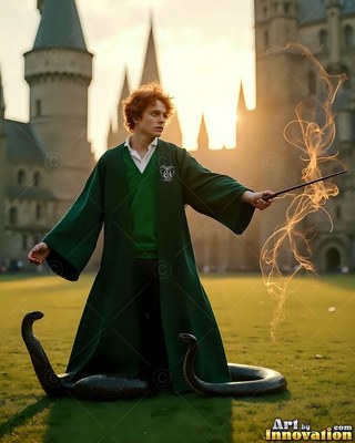 On a castle lawn, a young man in green robes points a wand near two black snakes