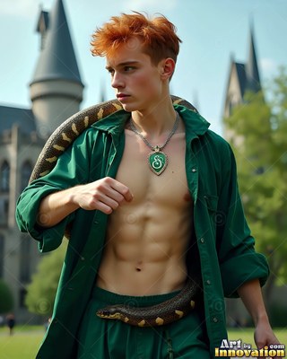 Holding a brown python, a shirtless red-haired man wears a loose green shirt near a castle