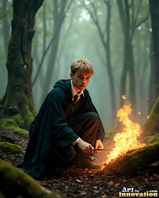 Young man in a black cloak making a fire in the woods