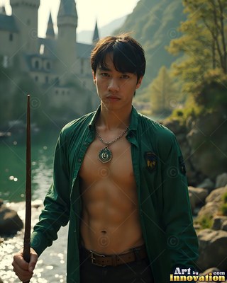 Wearing an unbuttoned green shirt, a man holds a wand by a lake near a castle