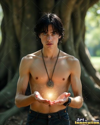 A young man with no shirt grasps his cupped hands forward under soft golden sparks