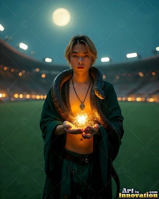 Facing forward in an open stadium, a man holds bright yellow sparks with a snake on him