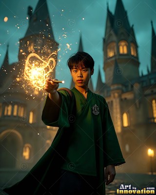 A young man wearing a green robe points a wand that shoots sparks outside a castle