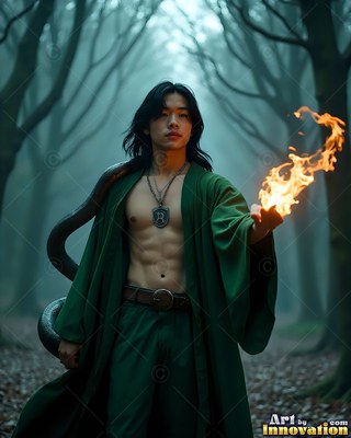 In a misty forest, an open-robed man holds fire with a snake over his shoulder