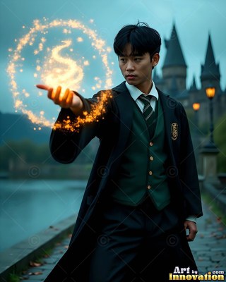 Holding yellow sparks in his palm, a young man with a green vest stands outside a castle