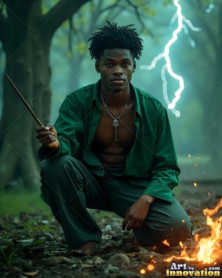 A man in green squats by a fire holding a wand near lightning