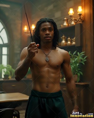 Wearing dark green shorts in a dimly lit stone room, a man with no shirt holds a wand