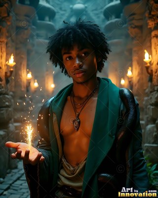 A young man carries sparks in his hand with a black snake draped over his shoulder in warm torchlight