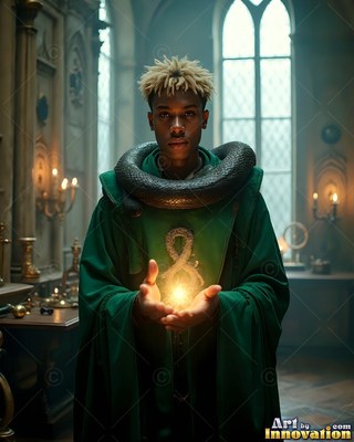 Facing forward in a stone hall, a man clothed in a green robe holds bright yellow light around a snake