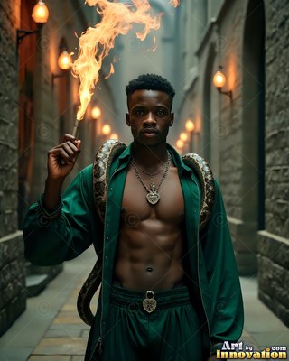 A bare-chested man in green robes holds a torch with a snake over his shoulders