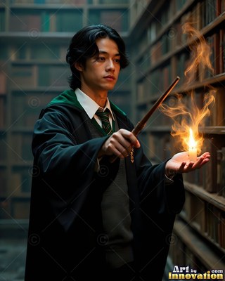 In a library, a young man in dark robes points a wand at a candle in his hand