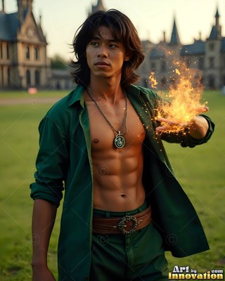 Holding bright fire in his open hand, a shirtless man in a green shirt stands on a lawn
