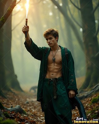 Wearing an open green gown, a bare-chested young man holds a lit torch in a misty forest