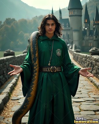 A man dressed in a green gown holds a large snake across his shoulder in hazy daylight