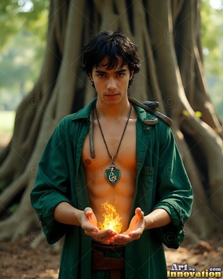 Facing forward by a tree, an open-shirted man holds fire in his hands