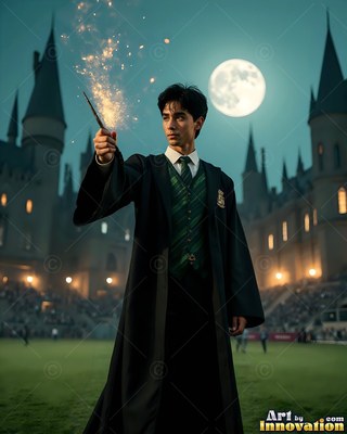 A young man in black robes raises a sparking wand outside a castle under a full moon
