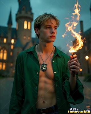 Outside a castle, a blond young man in an open green shirt holds a small flame