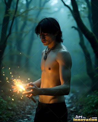 Holding a bright sparkler, a shirtless young man stands in a dark misty forest