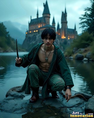 A shirtless man wearing a green coat holds a wand by a lake