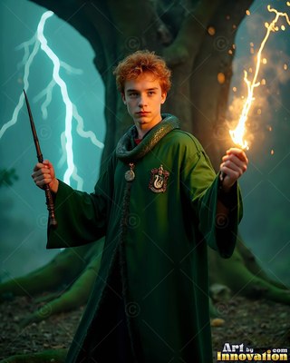 In green robes with a snake on his neck, a young man casts lightning in a dark forest