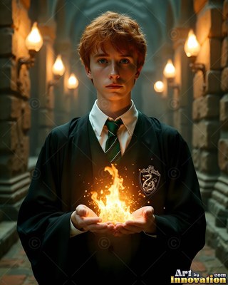 Facing forward in a stone hallway, a young man grips fire in cupped hands