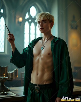A shirtless blond man with an unfastened green robe holds up a dark wand in a hall