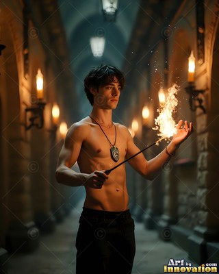 In a candlelit castle corridor, a bare-chested man conjures fire with a wand
