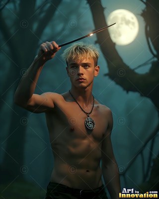 Shirtless blond man raising a wand under a full moon in the woods