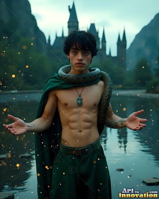 A green cape drapes over a bare-chested young man with a snake around his neck by a castle lake