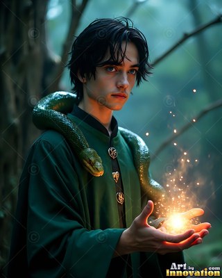 A young man grips bright sparks in his hands while a green snake rests on his shoulder