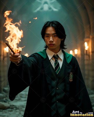 A young man in green robes points a burning wand down a stone hall