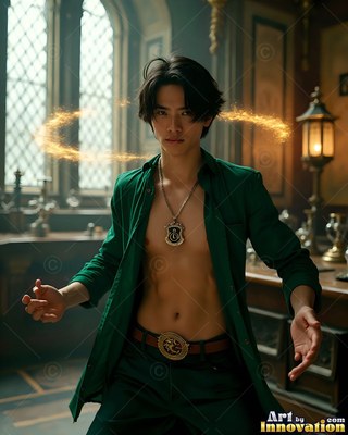 In a castle room, a young man wearing an unfastened green shirt summons a ring of gold light