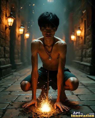 Crouching on stone pavers, a shirtless young man looks ahead over bright sparks