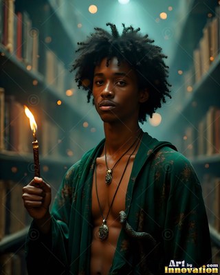 A young man dressed in a green gown holds a small torch in a library