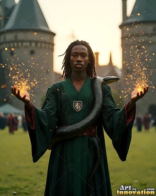 Dreadlocks frame a Black man in green robes with a snake around him outside a castle