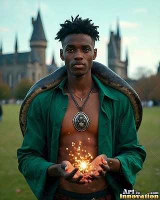 A man with a snake around his shoulders holds bright golden sparks in his hands before a castle