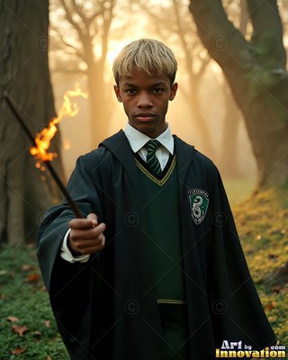 Facing forward in misty woods, a young man holds out a burning wooden wand