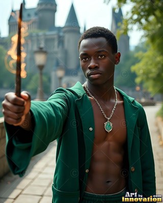 A shirtless Black man holds a fiery wand while wearing an open long green robe outside a castle